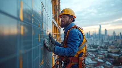 Poster - A construction worker wearing a helmet and harness leans against a wall of panels while working at a considerable height. The urban skyline glimmers under the sunset.