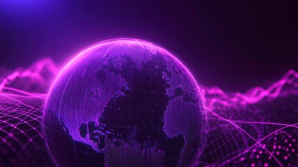 Poster - A digital representation of Earth surrounded by abstract purple waves and grid patterns.