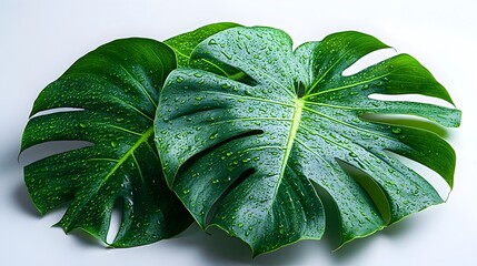 Aufkleber - Vibrant and lush Monstera Deliciosa leaves with intricate patterns and textures against a clean,white background.