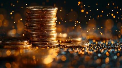 Aufkleber - A close-up view shows a stack of shiny gold coins arranged neatly on a dark surface, while sparkling particles add a magical touch to the scene, highlighting the wealth theme.