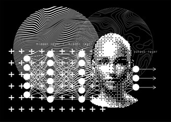 Aufkleber - Vector illustration depicting a human-like face blended with the structure of a deep neural network. The design showcases a connection of AI nodes and representing hidden and output layers.