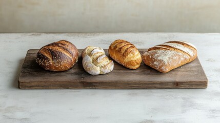 Poster - An assortment of fresh bread and pastries is beautifully arranged on a rustic wooden board, inviting warmth and comfort. Generative AI