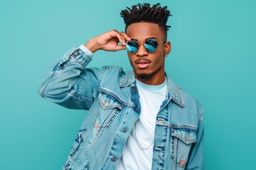 Wall Mural - A young man wearing a denim jacket and sunglasses, a casual everyday scene