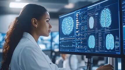 Fototapete - Diverse group of healthcare workers in a conference room, discussing patient care strategies and looking at a digital chart display with empty space for text