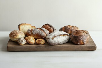 Poster - A delightful spread of assorted freshly baked breads and pastries is beautifully arranged on a rustic wooden board, inviting enjoyment. Generative AI