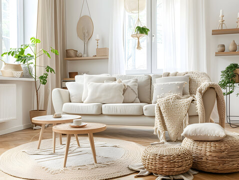 Scandinavian-style living room with neutral colors, cozy furniture, chic decor, and natural light flooding in.