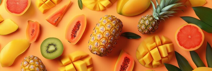 Poster - A colorful display of tropical fruits showcases sliced mangoes, pineapples, and papayas against a striking orange backdrop. Generative AI