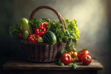 Aufkleber - A wicker basket overflows with vibrant vegetables and fruits, set on a rustic wooden table in a warm kitchen atmosphere. Generative AI