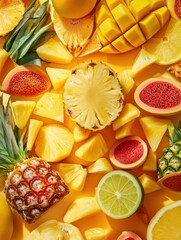 Aufkleber - A colorful display of sliced tropical fruits such as pineapples, mangoes, and papayas set against a vivid yellow backdrop. Generative AI