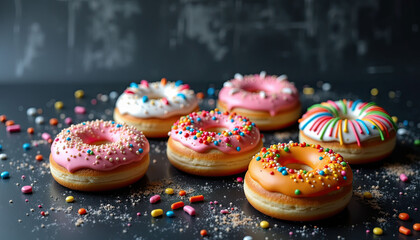 A row of colorful frosted donuts with sprinkles on top