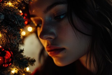 Poster - A woman looks at a decorated Christmas tree with a thoughtful expression