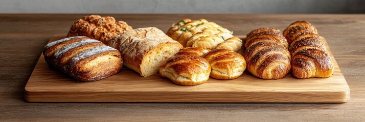 Poster - A variety of artisanal breads and pastries are beautifully arranged on a rustic wooden board, showcasing an inviting bakery display. Generative AI