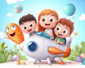 Three cheerful children explore space in a colorful rocket, joined by a friendly alien fish in a whimsical, vibrant landscape.