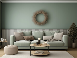 Christmas wreath on the wall in simple minimalist living room in neutral and sage colors. Minimalist festive Christmas decor in interior.