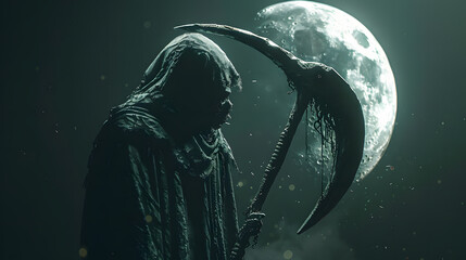 Wall Mural - The Death holding the reaper scythe against a shining half moon, dark background, fantasy concept, illustration digital generative ai design art style