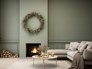 Christmas wreath on the wall in simple minimalist living room in neutral and sage colors. Minimalist festive Christmas decor in interior.