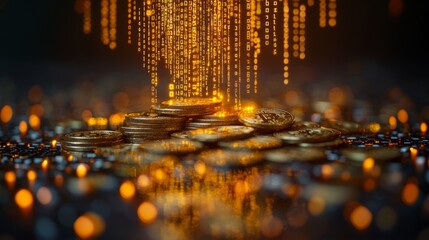 Aufkleber - Stacks of coins are illuminated against a backdrop of shimmering binary code, creating a captivating digital currency theme that evokes innovation.