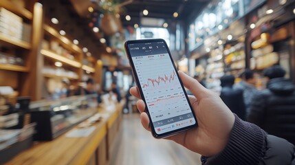 Fototapete - A person is holding a smartphone displaying stock market trends in a lively urban marketplace filled with shoppers and colorful displays. The atmosphere is vibrant and bustling.
