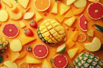 Aufkleber - A colorful assortment of tropical fruits including pineapples, mangoes, and citrus is arranged beautifully on a vivid backdrop. Generative AI