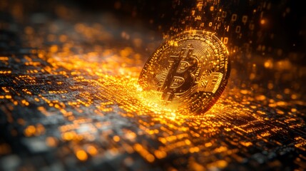 Aufkleber - A golden Bitcoin stands out against a backdrop of shimmering binary code, symbolizing the intersection of finance and technology in the digital age.
