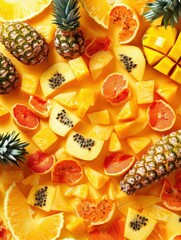 Aufkleber - Sliced tropical fruits including pineapple, mango, and papaya are beautifully arranged on a bright, colorful background, creating a vibrant display. Generative AI