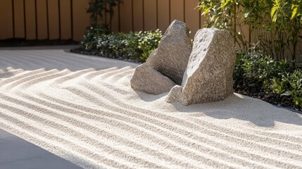 A serene rock garden with raked sand and two large stones, promoting tranquility and mindfulness.