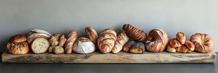 Poster - A variety of freshly baked breads and pastries arranged on a rustic wooden board, showcasing delicious textures and colors. Generative AI