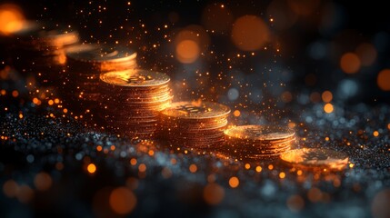 Fototapete - A series of bright, metallic coins are lined up, capturing light and reflecting a warm glow against a dark, sparkling background that enhances their allure.