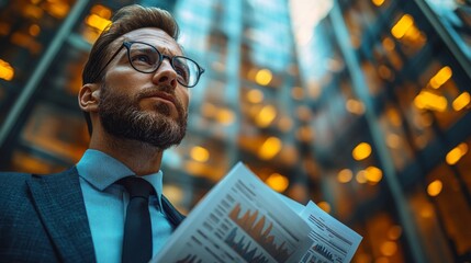 Leinwandbilder - A business professional stands in a contemporary office space, holding financial reports while observing the illuminated surroundings. Evening light reflects off tall glass structures.