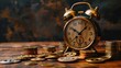 © ปฏิภาน ผดุงรัตน์ - A vintage alarm clock with bells, surrounded by stacks of gold coins, symbolizing time management