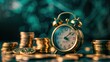 © ปฏิภาน ผดุงรัตน์ - A vintage alarm clock with bells, surrounded by stacks of gold coins, symbolizing time management