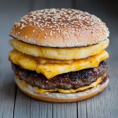 A delicious burger with two cheese slices and grilled pineapple.