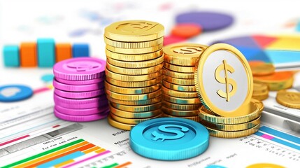 Wall Mural - Stacked Coins with Financial Charts and Graphs