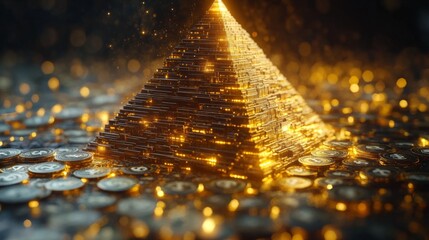 Aufkleber - A shimmering golden pyramid stands prominently in the center, surrounded by a multitude of gleaming coins that reflect light beautifully, evoking a sense of wealth and opulence.