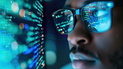 close-up of programmer analyzing code reflections on glasses in a futuristic digital environment