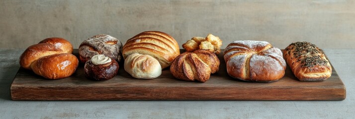 Poster - A variety of warm, freshly baked breads and pastries are artfully displayed on a rustic wooden board, creating a comforting atmosphere. Generative AI