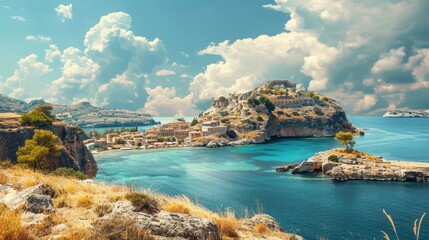 beautiful island with a ancient village, mediterranean greece landscape with ocean and blue sky, fictional landscape created with generative ai