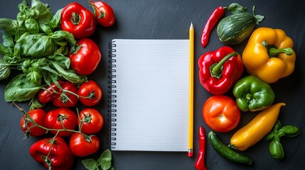 Wall Mural - Fresh, Colorful Vegetables And Blank Notebook With Pencil on Dark Table . Top View, Copy Space.