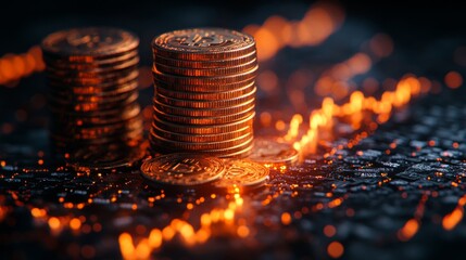 Aufkleber - Stacks of golden cryptocurrency coins are arranged on a dark surface, with a bright, glowing line depicting market trends illuminating the scene. The atmosphere feels high-tech and dynamic.