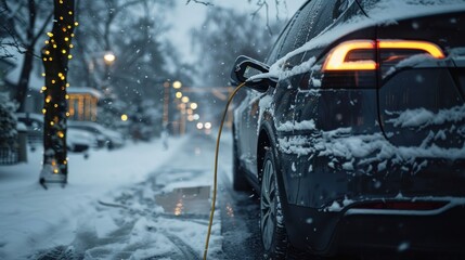 close up of electric car charging battery in winter