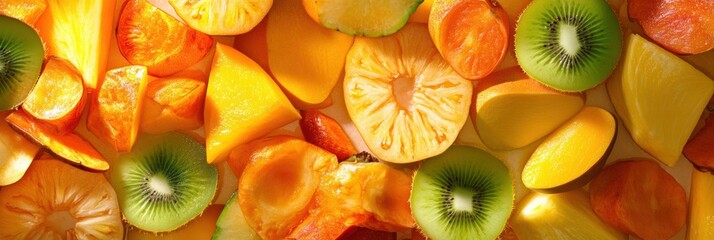 Poster - Sliced tropical fruits like pineapples, mangoes, and papayas create a vivid and colorful array suitable for a fresh dessert or snack. Generative AI