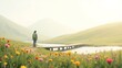 © Tisha - Woman standing on a wooden bridge looking at flowers in the mountains