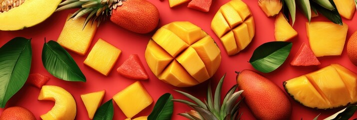 Aufkleber - Brightly colored tropical fruits such as mangoes, pineapples, and papayas are artistically arranged on a vivid background, capturing summer's essence. Generative AI