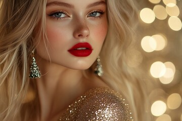 blonde in a gold dress with red lipstick and christmas tree earrings, gold bokeh background with cop