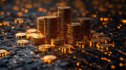 Poster - Tall stacks of gleaming gold coins are arranged on a dark, textured surface, creating a striking visual contrast against the warm glow surrounding them.