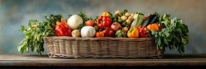 Aufkleber - A wicker basket brimming with a variety of fresh vegetables and fruits rests on a rustic wooden table, enhancing the kitchen ambiance. Generative AI