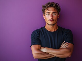 A man with arms crossed stands confidently against a solid purple background, conveying a sense of strength and calmness.