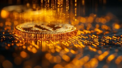 Aufkleber - A close-up view reveals a Bitcoin surrounded by shimmering digital effects, highlighting its significance in the evolving financial technology landscape.