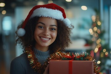 young woman wearing a tinsel garland and Santa hat holding a gift box in front of an office desk, smiling happily at the camera