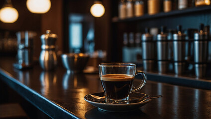 Rich, dark espresso shot served in a small cup, set on a sleek bar counter with warm ambient lighting.